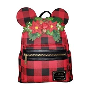 Loungefly Disney Festive Holiday Holly Red and Black Buffalo Plaid Backpack